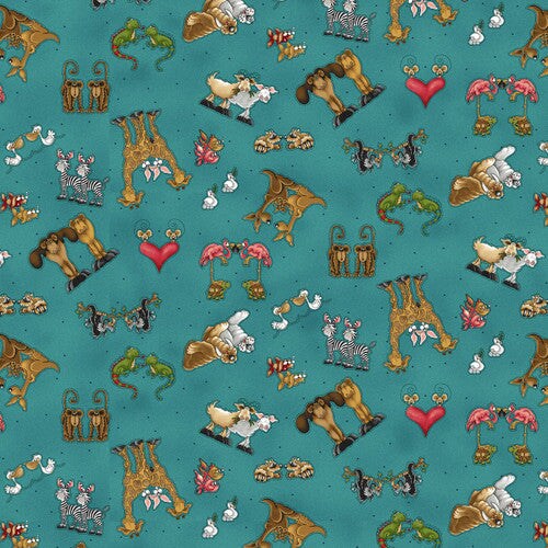 Fabric Henry Glass Teal Tossed Characters Two by Two by the Quarter Yard 1757-77