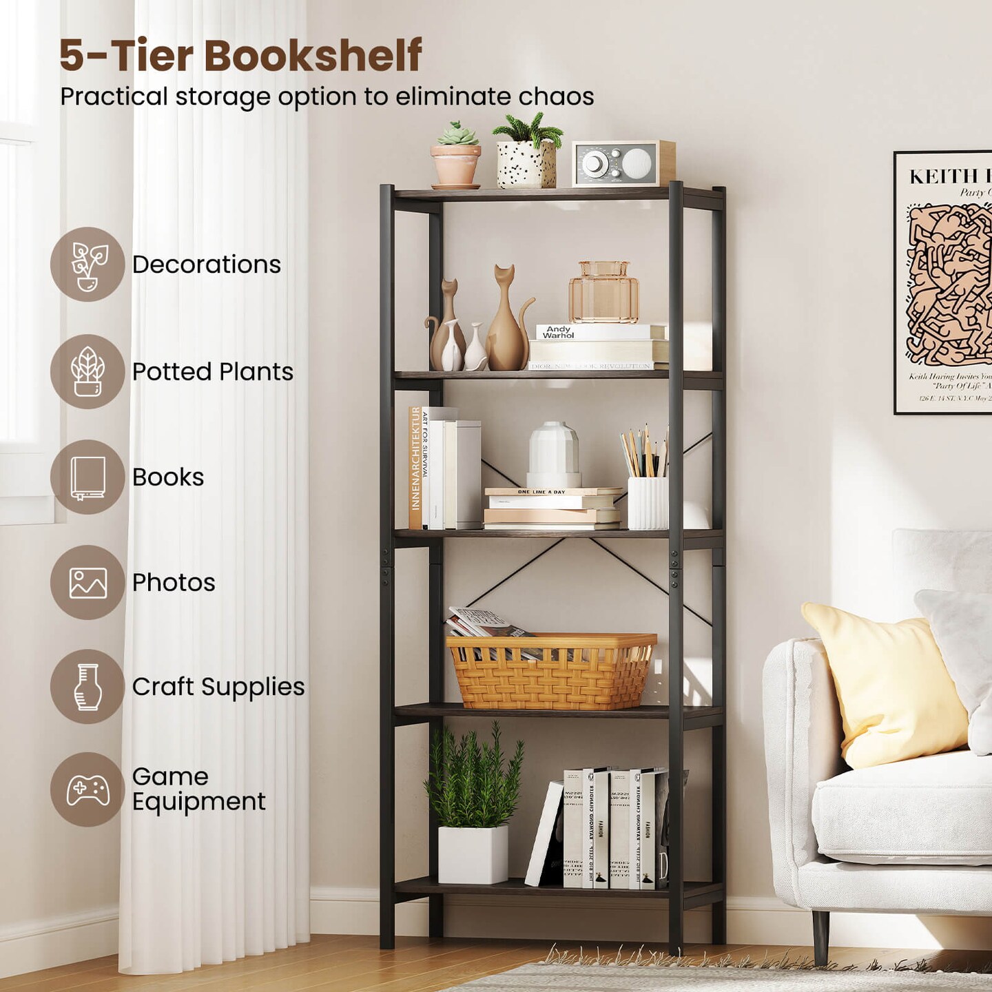Costway 5-Tier Rustic Industrial Bookshelf Wood Display Storage Rack with Metal Frame