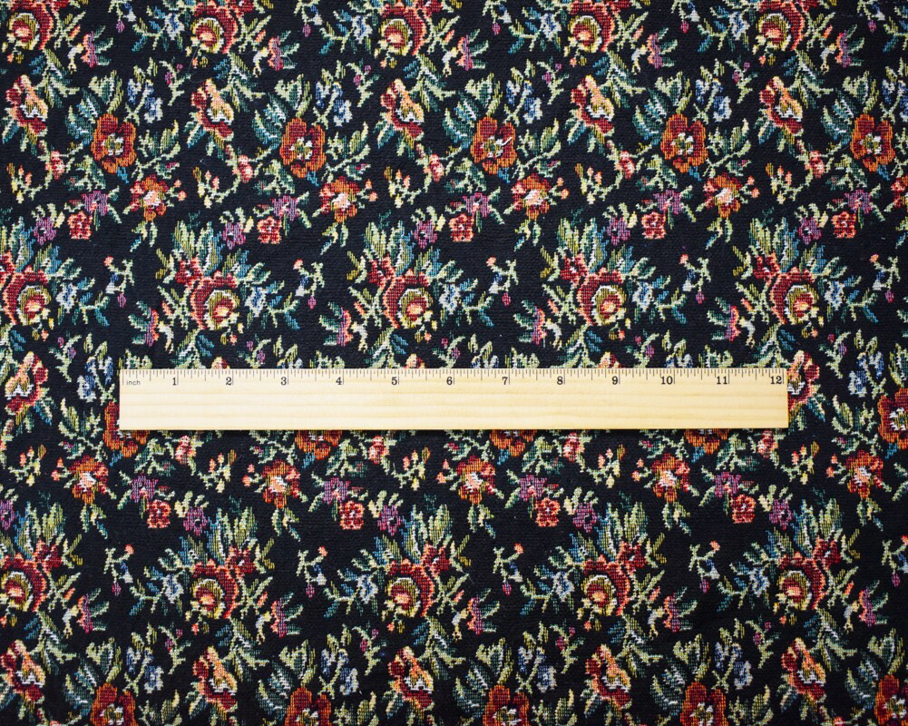 Black-Green-Multi Cotton Blend Floral Tapestry Woven Fabric By the Yard