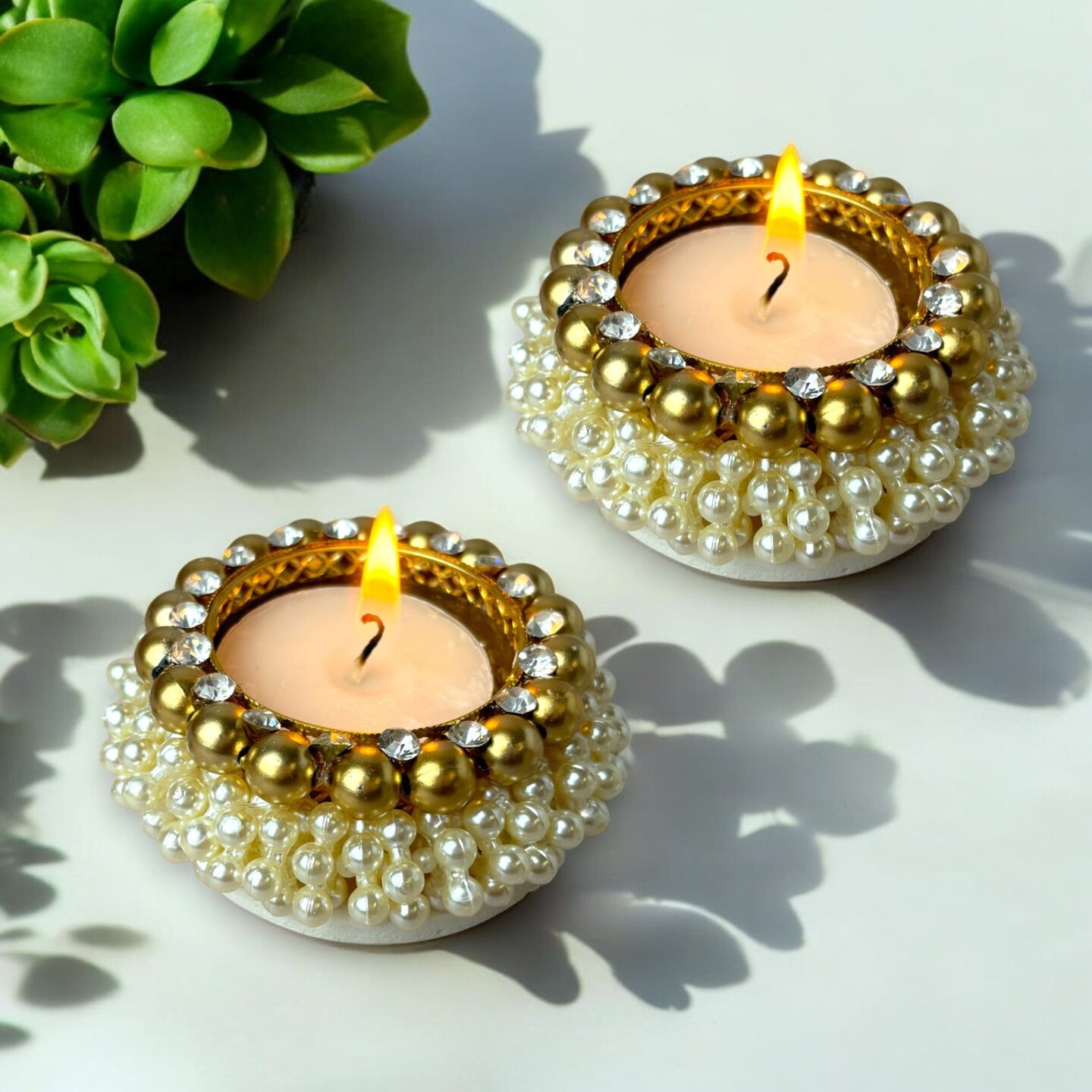 4 Pcs Pearl Tealight Candle Holder Festival of Light Decorative T-light Holder for Diwali Navratri Christmas Thanksgiving Housewarming Gift Candle Stand for Centerpiece Table Home Decor
