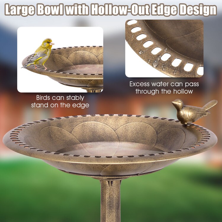 Freestanding Bird Bath Feeder Antique Gold with Hollow Stand and Large Bowl