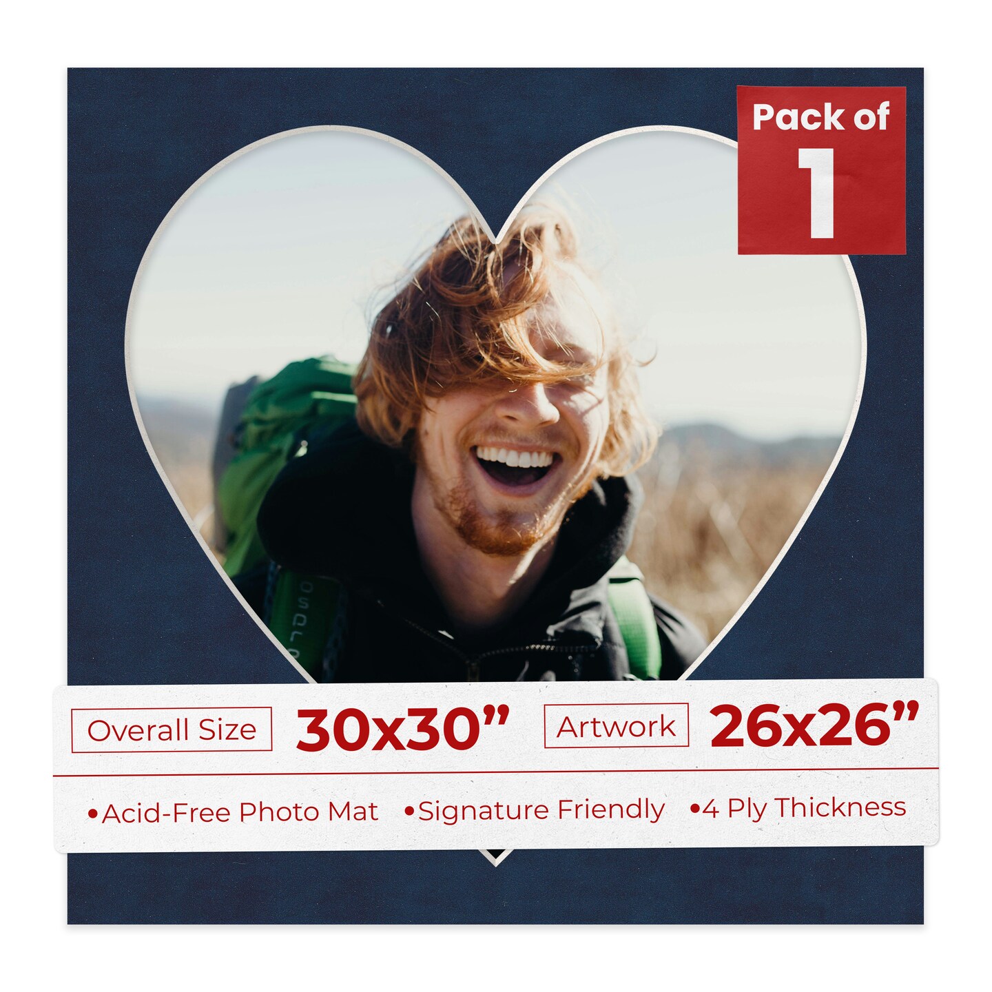 Navy Suede Mat Board for 30x30 Frames - Heart Opening for 26x26 Photos