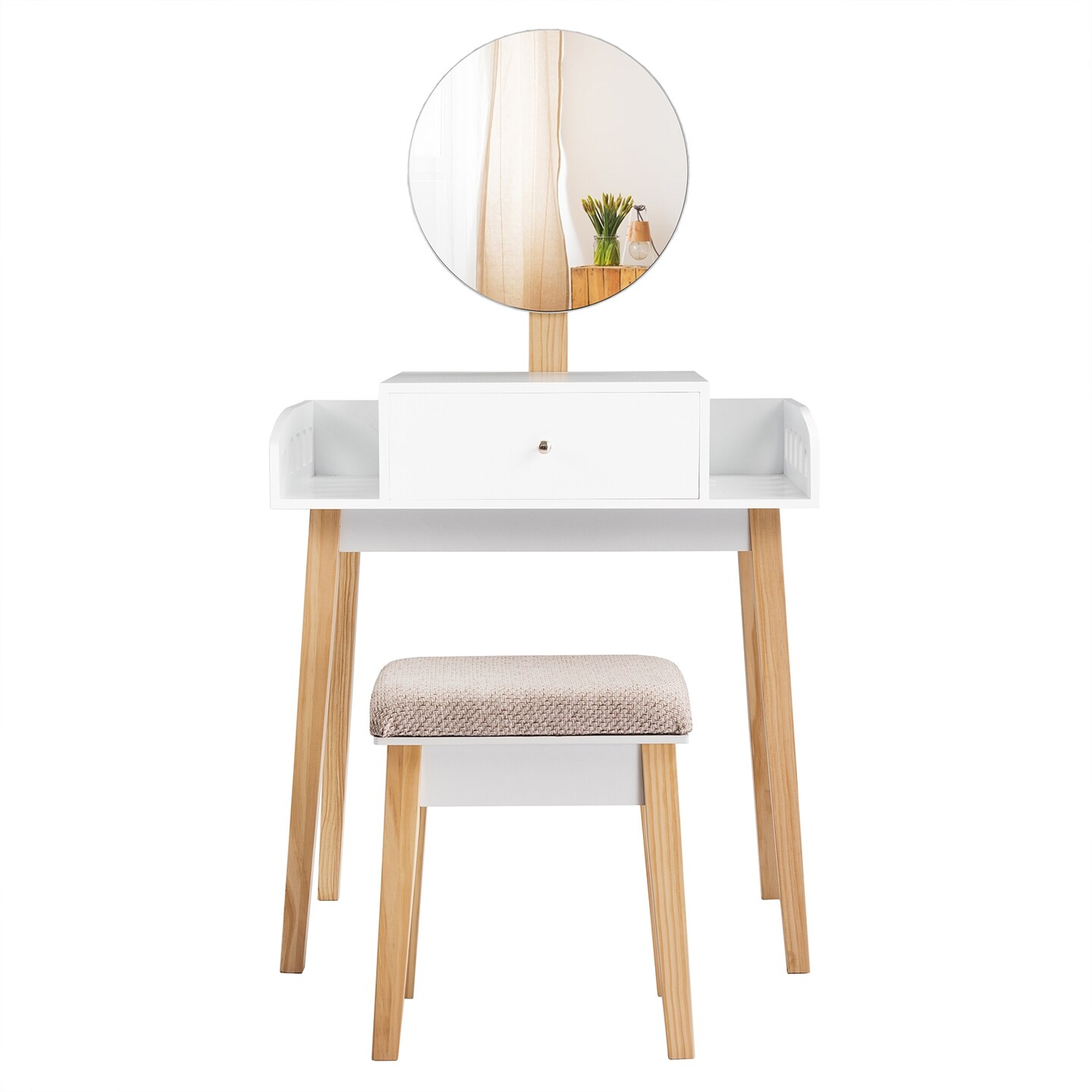 Wooden Makeup Vanity Table Set with Adjustable Mirror and Storage Drawer