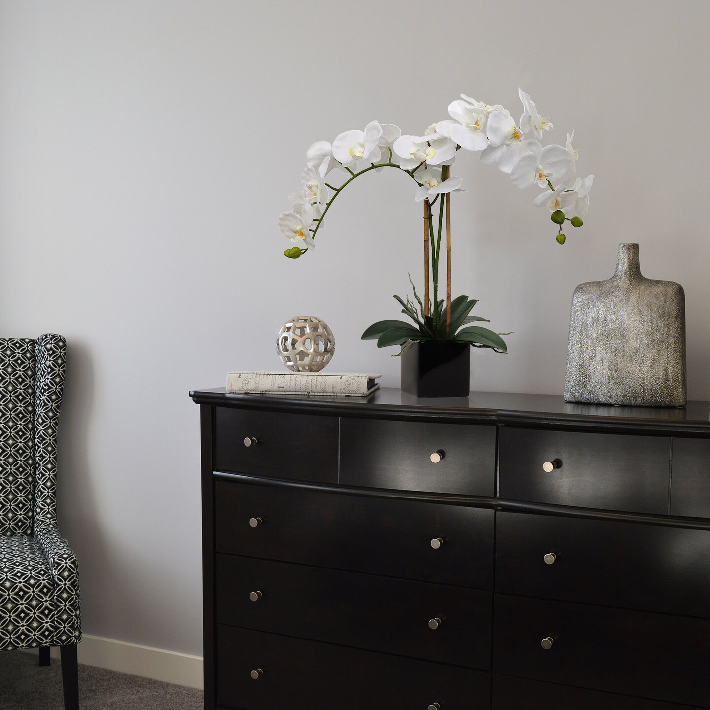 2 White Phalaenopsis in 5" Black Cube Pot, Elegant Orchid Arrangement, Perfect for Home, Office, and Event Décor, Floral Home by Artificial Flowers