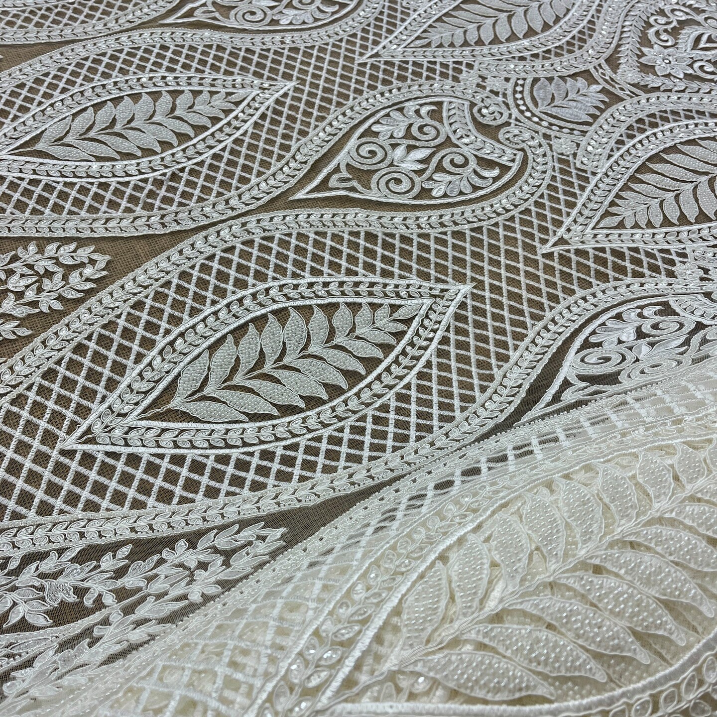 1 Yard Luxurious Beaded & Corded Bridal Lace Fabric Embroidered on Polyester Net Mesh 52” Wide