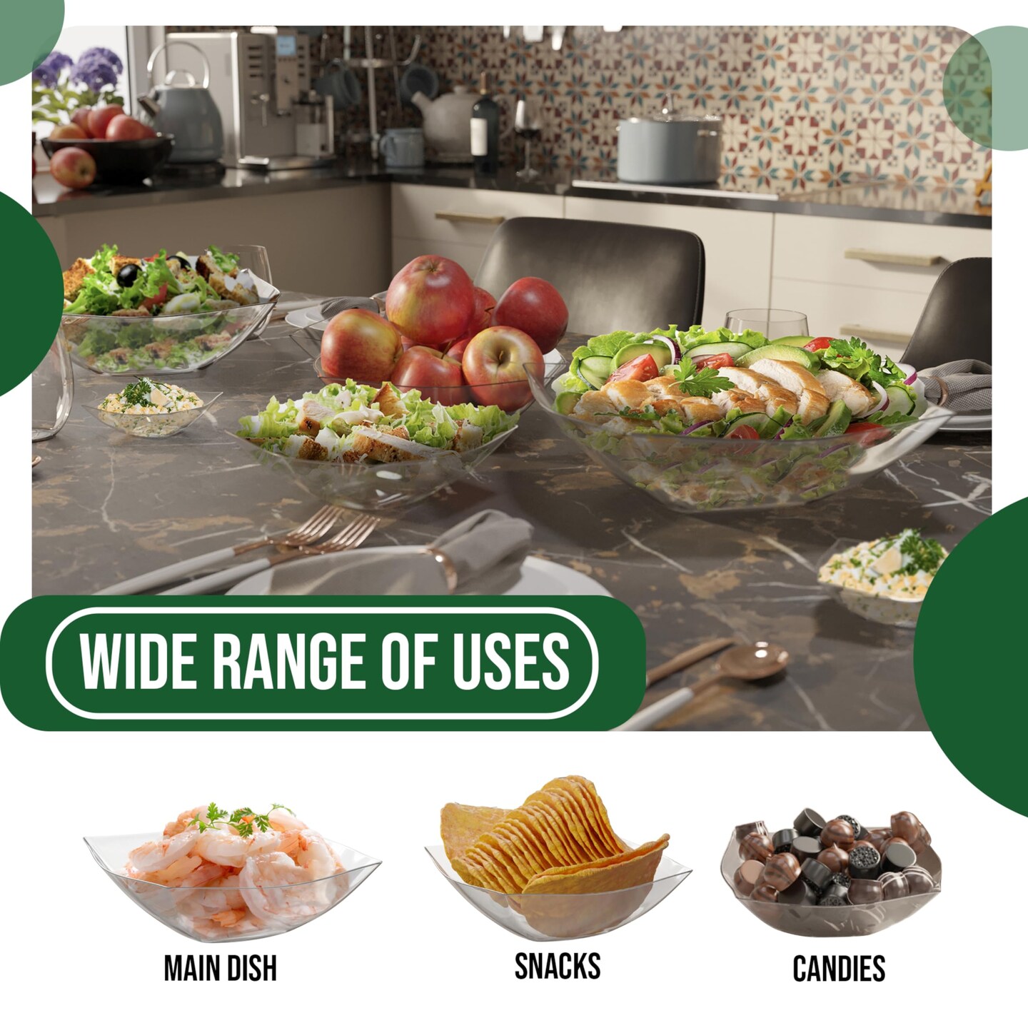 Exquisite Disposable Plastic Serving Bowls - for Parties, Salad Bar, Buffet, Candy - Bowl Set