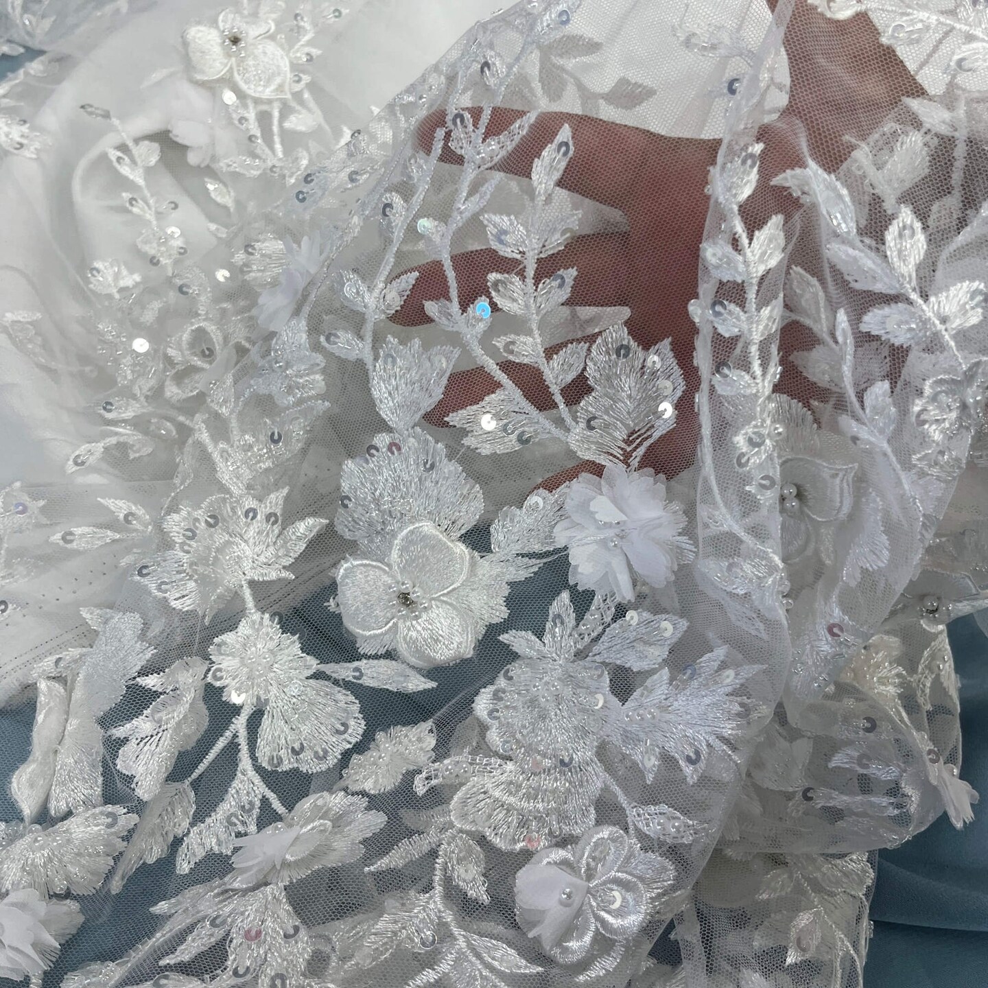 1 Yard Beaded 3D Floral Lace Fabric 51" Wide Embroidered Bridal, Quinceañera & Evening Dress Lace