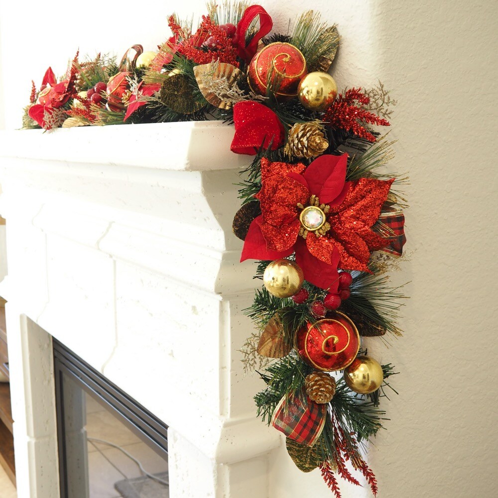 Poinsettia Garland - Red - Christmas Decorated Garland