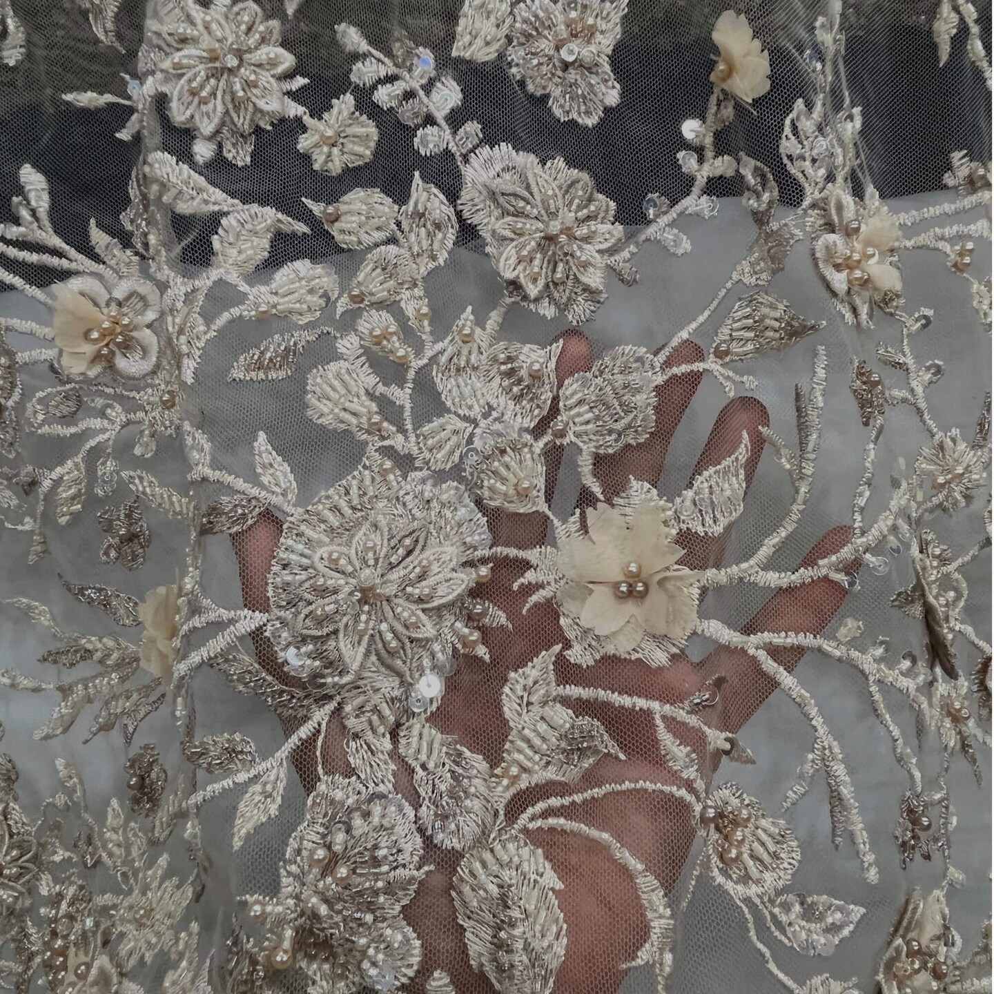 Beaded 3D Floral Lace Fabric with Rhinestones 51" Wide Embroidered Bridal & Evening Dress Lace