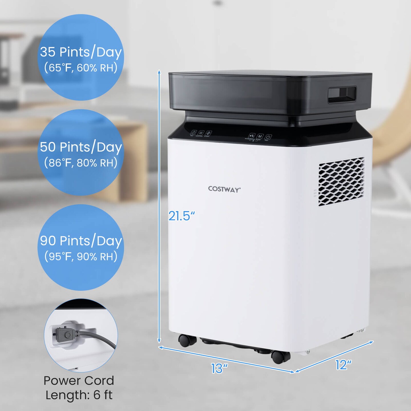 Costway 70/90 Pint Dehumidifier for Basement with Continuous & Auto Mode Large Water Tank