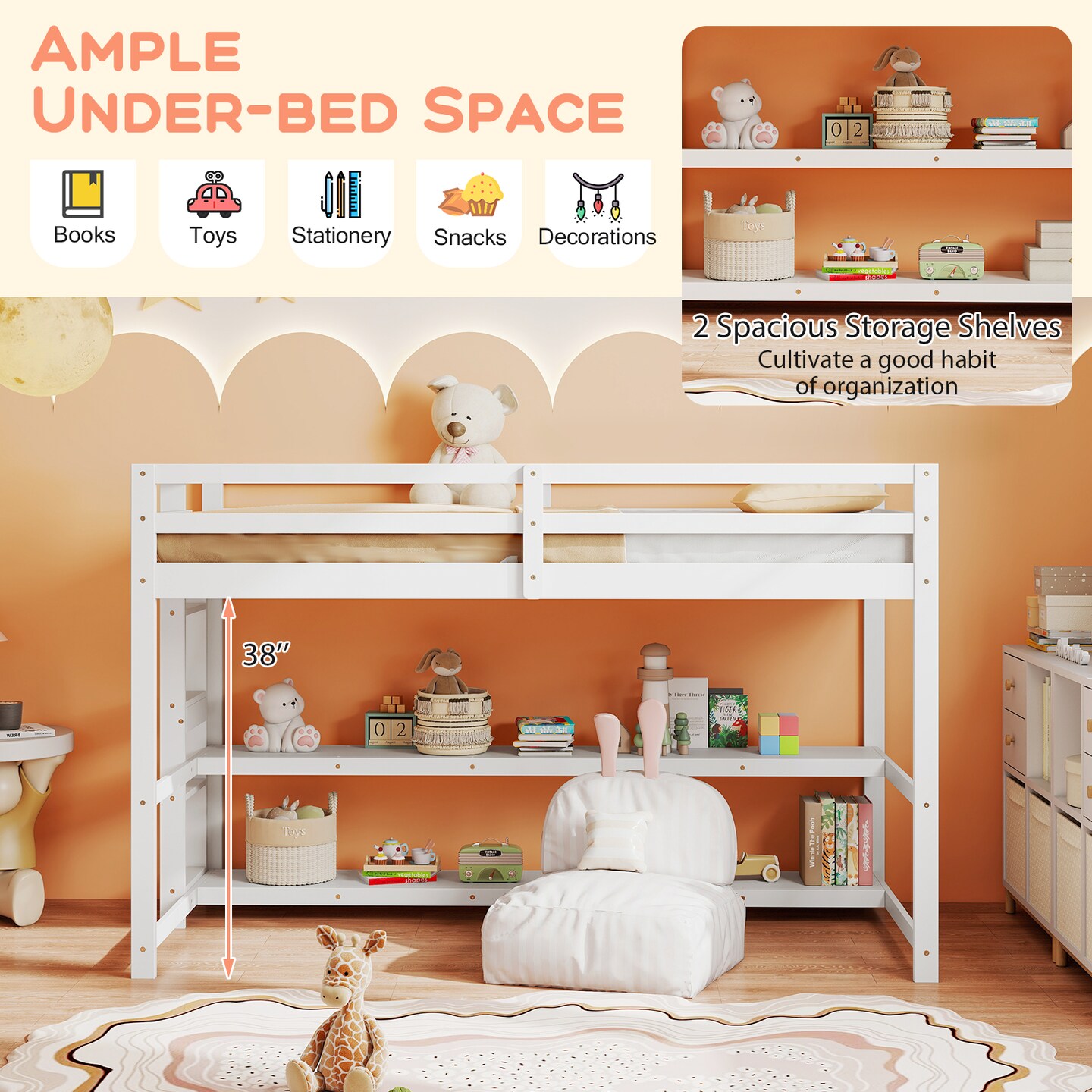 Space-Saving White Twin Loft Bed with Storage Shelves Sturdy Wood Frame and Safety Guardrails for Kids and Teens