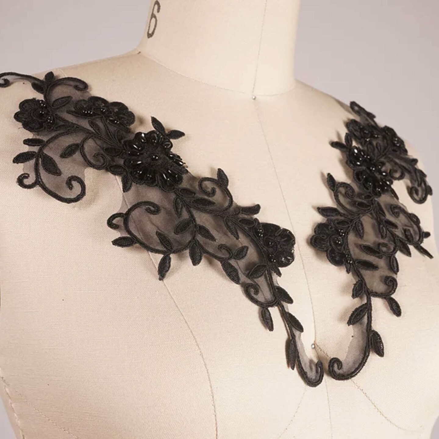 1 Pair of Black Beaded Sequin Lace Applique Pair for Evening Gowns and Formal Wear