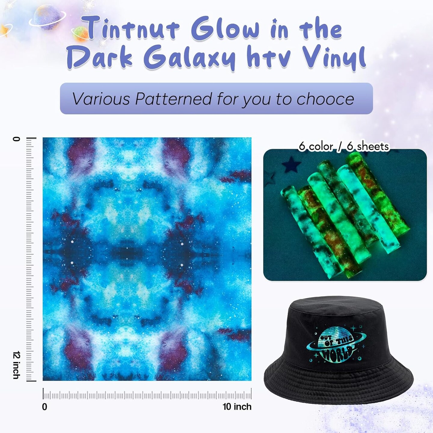 Glow in Dark HTV Heat Transfer Vinyl - 12x10 inch 6 Sheets Luminous Galaxy Iron on