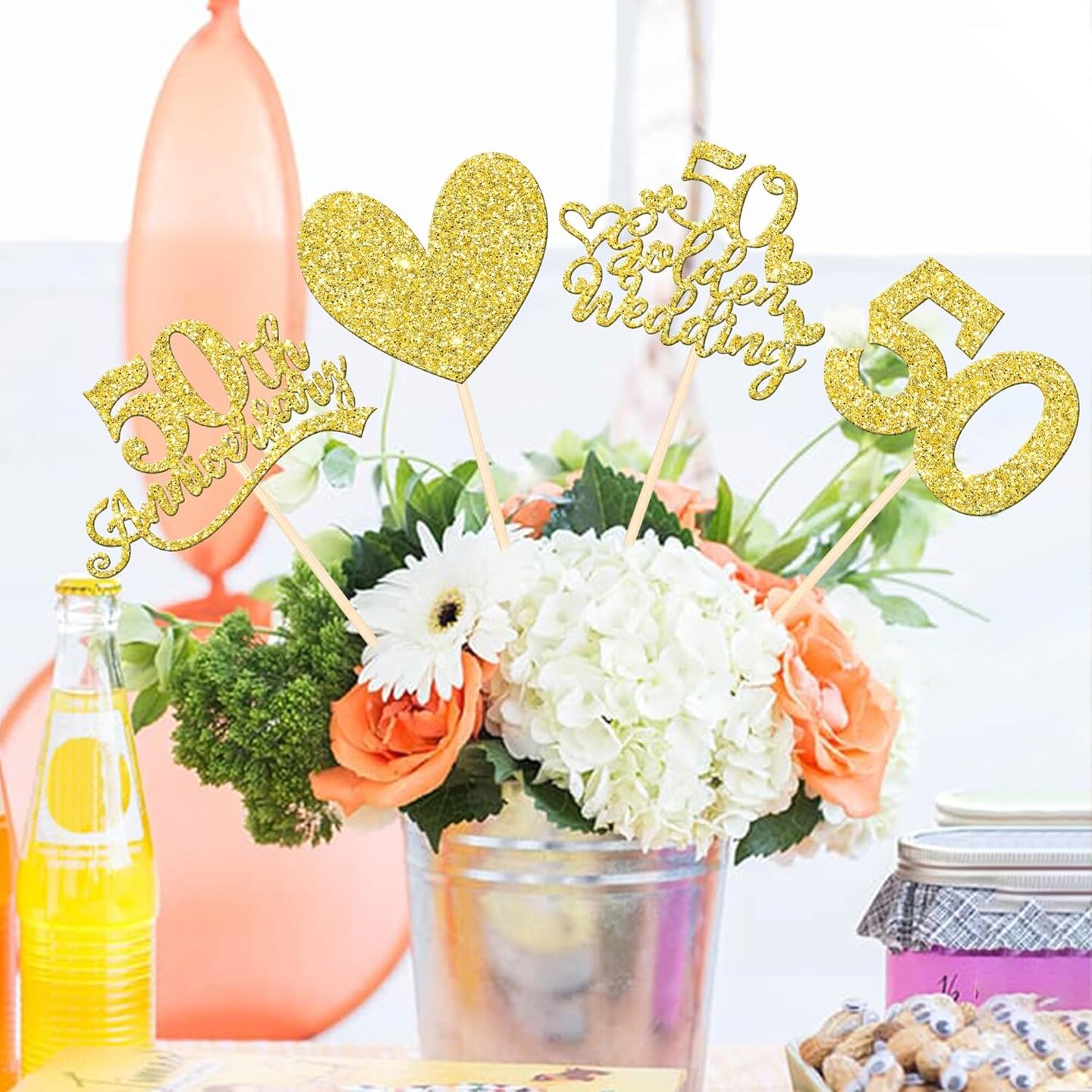 12 PCS 50th Anniversary Centerpiece Sticks Double Sided Gold Glitter