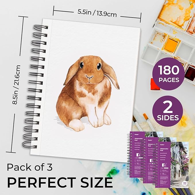 Watercolor Pad 5.5x8.5, 3 Pack, 90 Sheets,140lb/300gsm, Double-Sided (Purple)