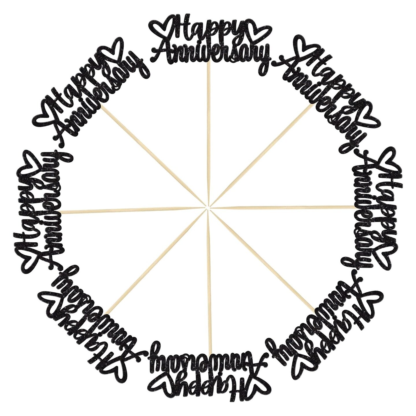 24 Pack Happy Anniversary Cupcake Toppers Black Glitter 2.6"W x 4.5"H