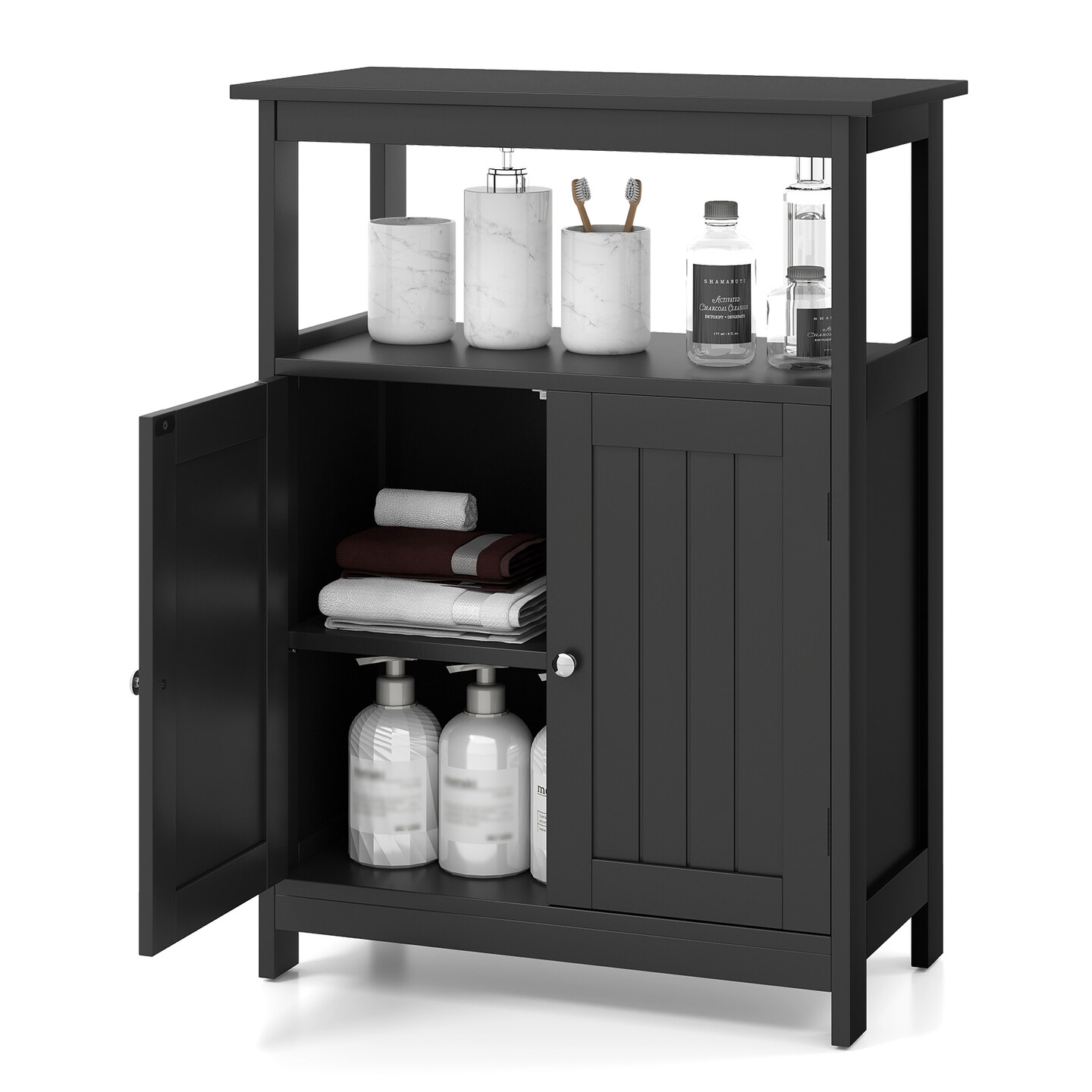 Freestanding Bathroom Storage Cabinet with Open Compartment and Adjustable Shelf
