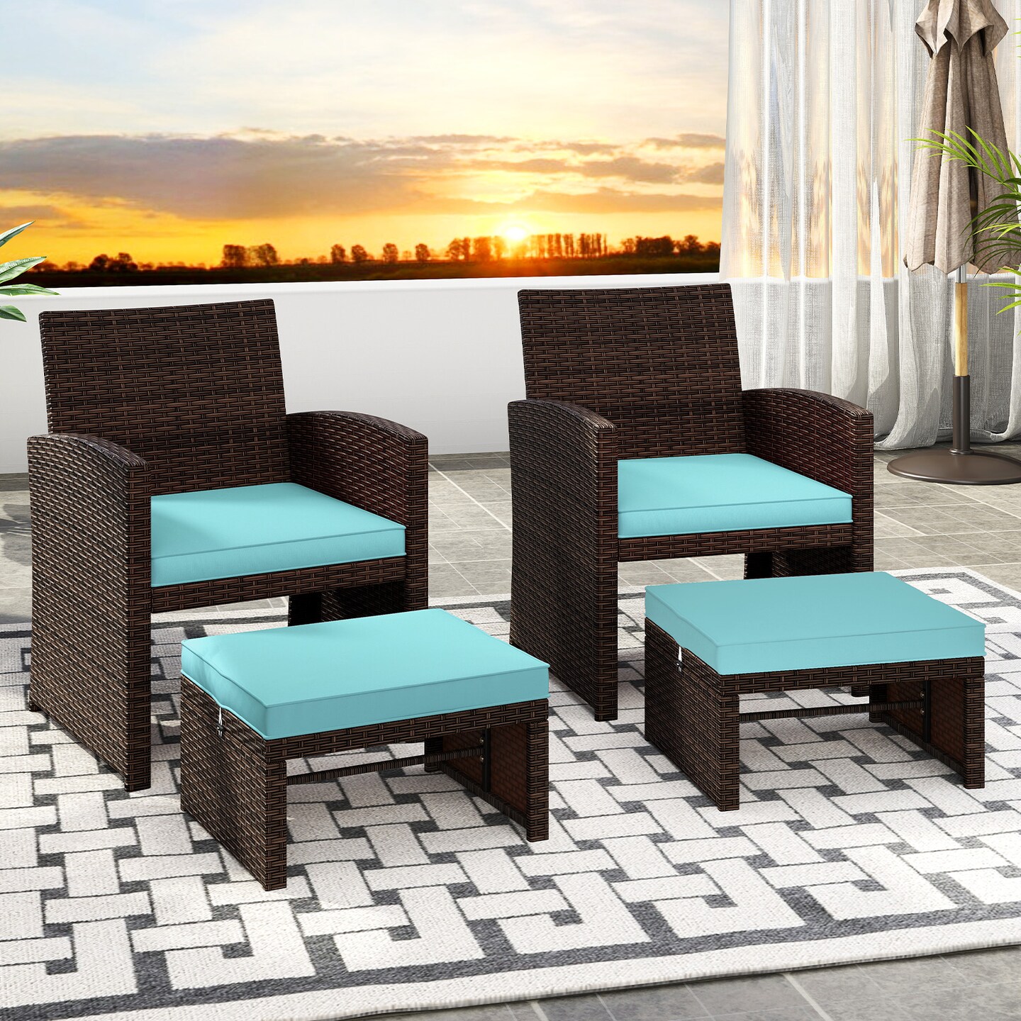 2 Piece Mix Brown Rattan Ottoman Footstool with Cushions, Metal Frame and 400 lbs Capacity