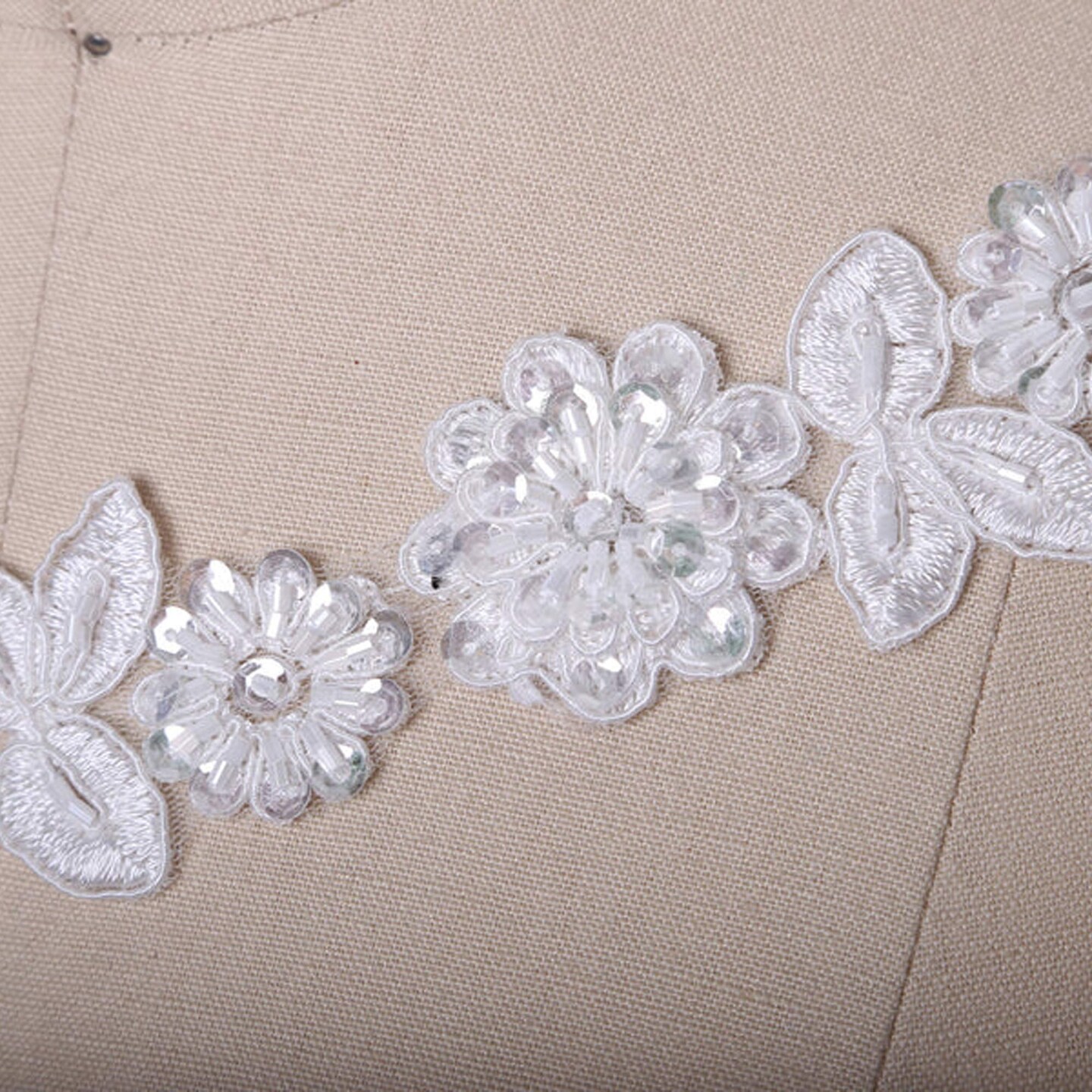 (1/2 yard) 18 Inch Ivory Lace Trim Beaded 3D Flower Leaf Bridal Sewing Embellishment