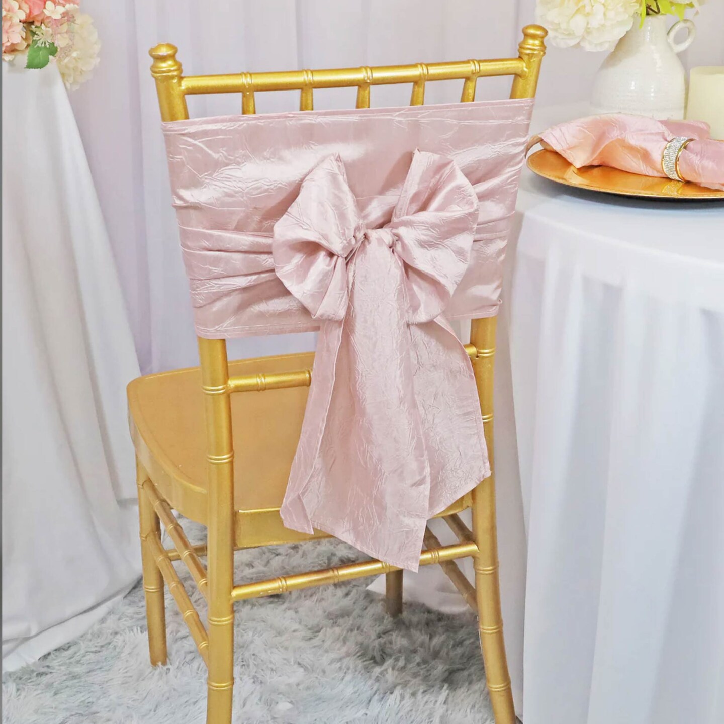 10 Pieces Blush Pink or Rose Gold Crushed Taffeta Chair Wraps 9.5&#x22;x108&#x22; Elegant Bands
