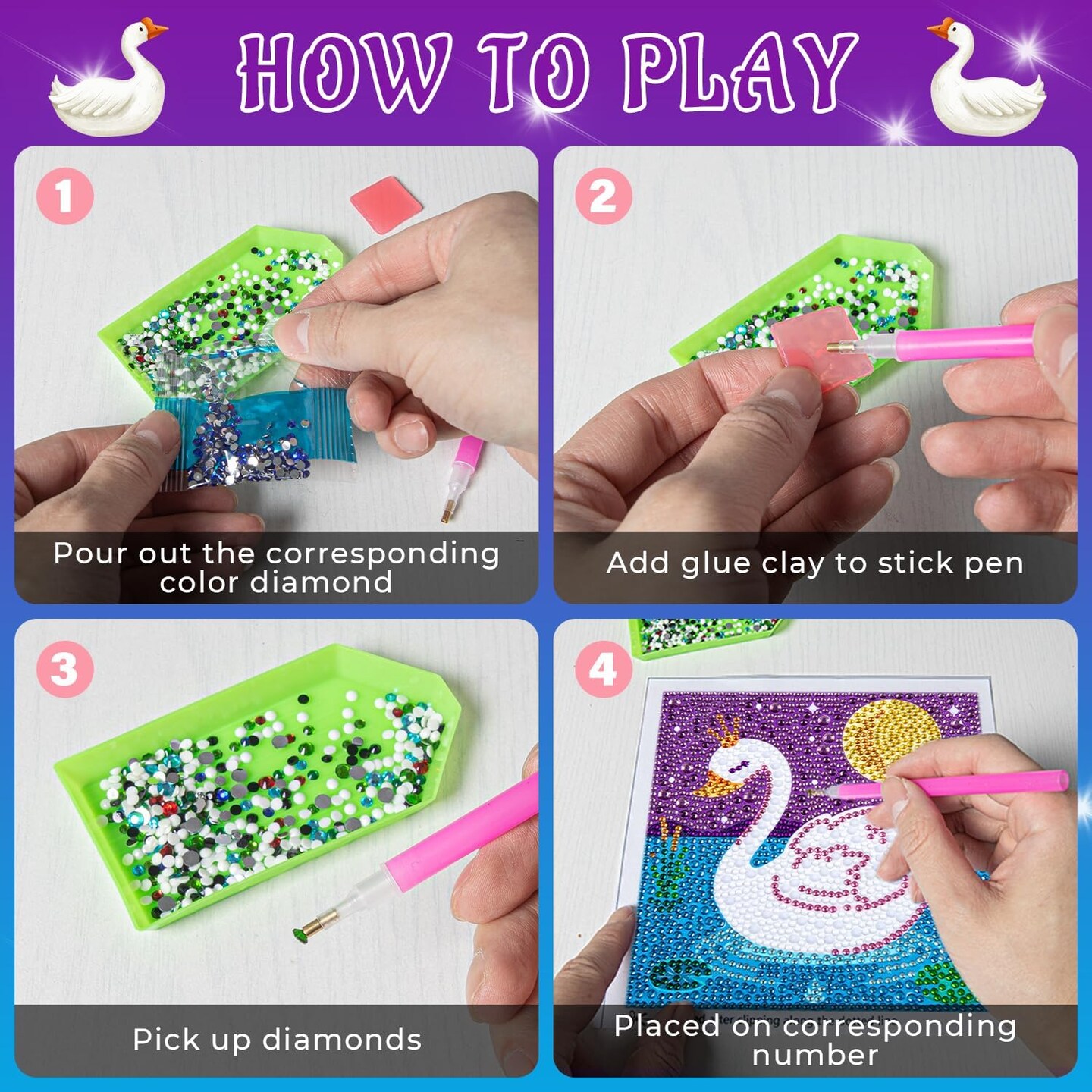 Diamond Art Kits with Wooden Frame – DIY Swan Gem Art for Kids & Adults, Easy Craft Kit for Home Wall Decor