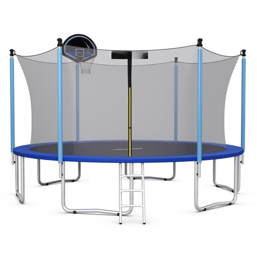 14 Feet Outdoor Trampoline with Safety Enclosure Net Basketball Hoop Ladder and Heavy-Duty Frame