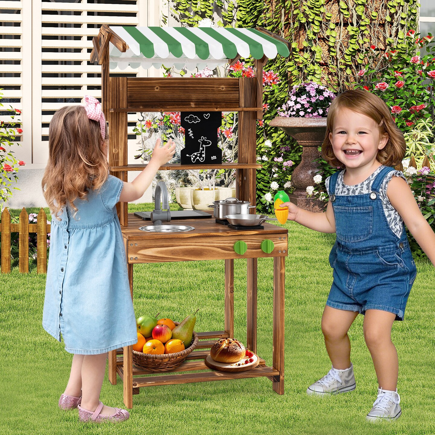 Wooden Mud Kitchen with Canopy and Chalkboard for 3+ Year Olds