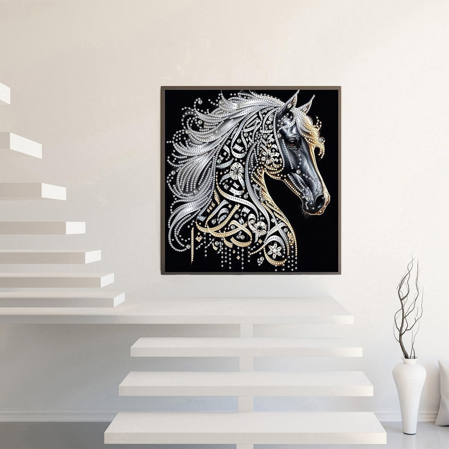 Diamond Art Painting Kits for Adults, Black Horse 5D Diamond Painting Dots Art Kits for Adults Beginner, Simple DIY Full Round Gem Crystal Art Paint by Diamond, Home Wall Decor 14 x 14 in