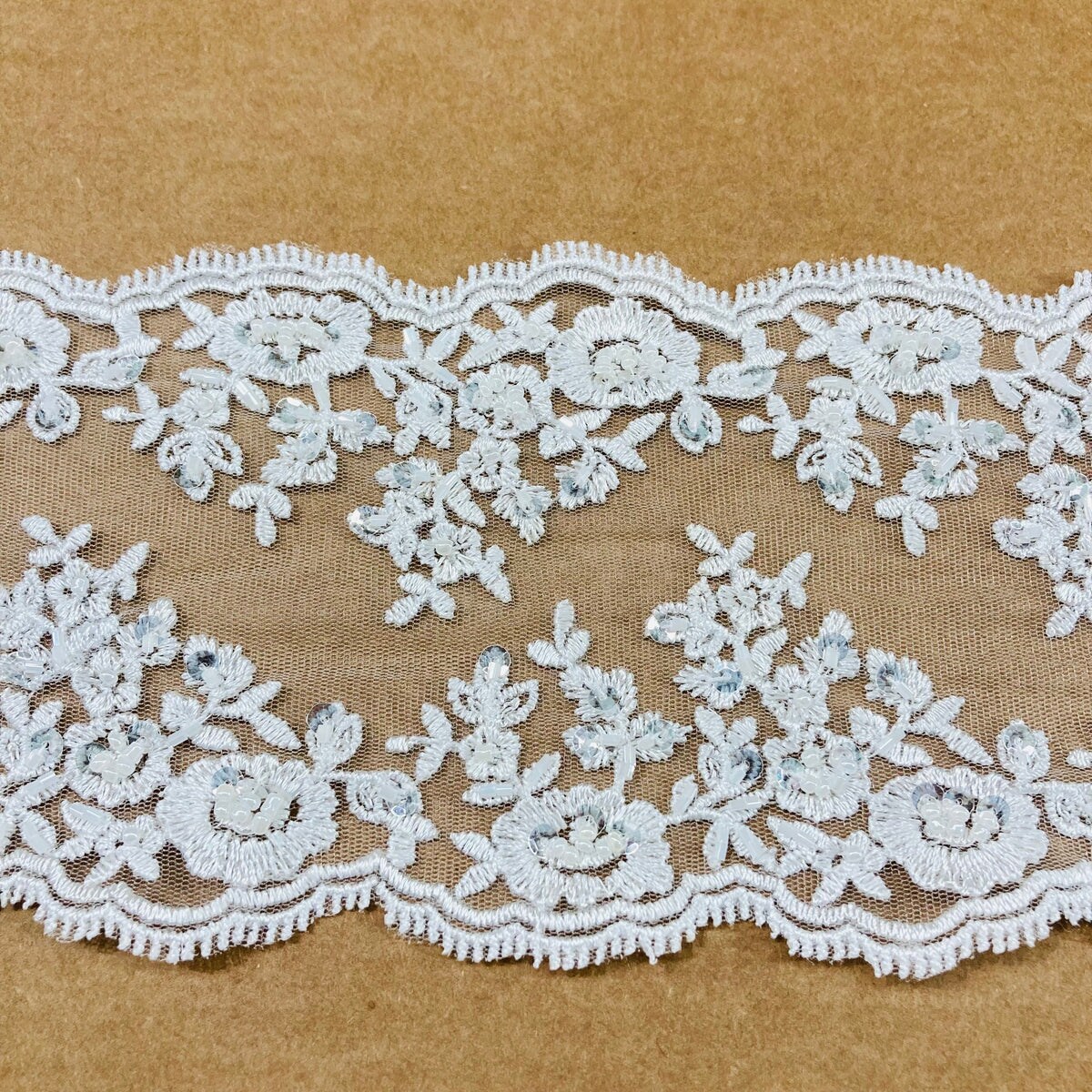 1 Yard Beaded Double-Sided Lace Trimming on 100% Polyester Net Mesh, Elegant Embroidered Design