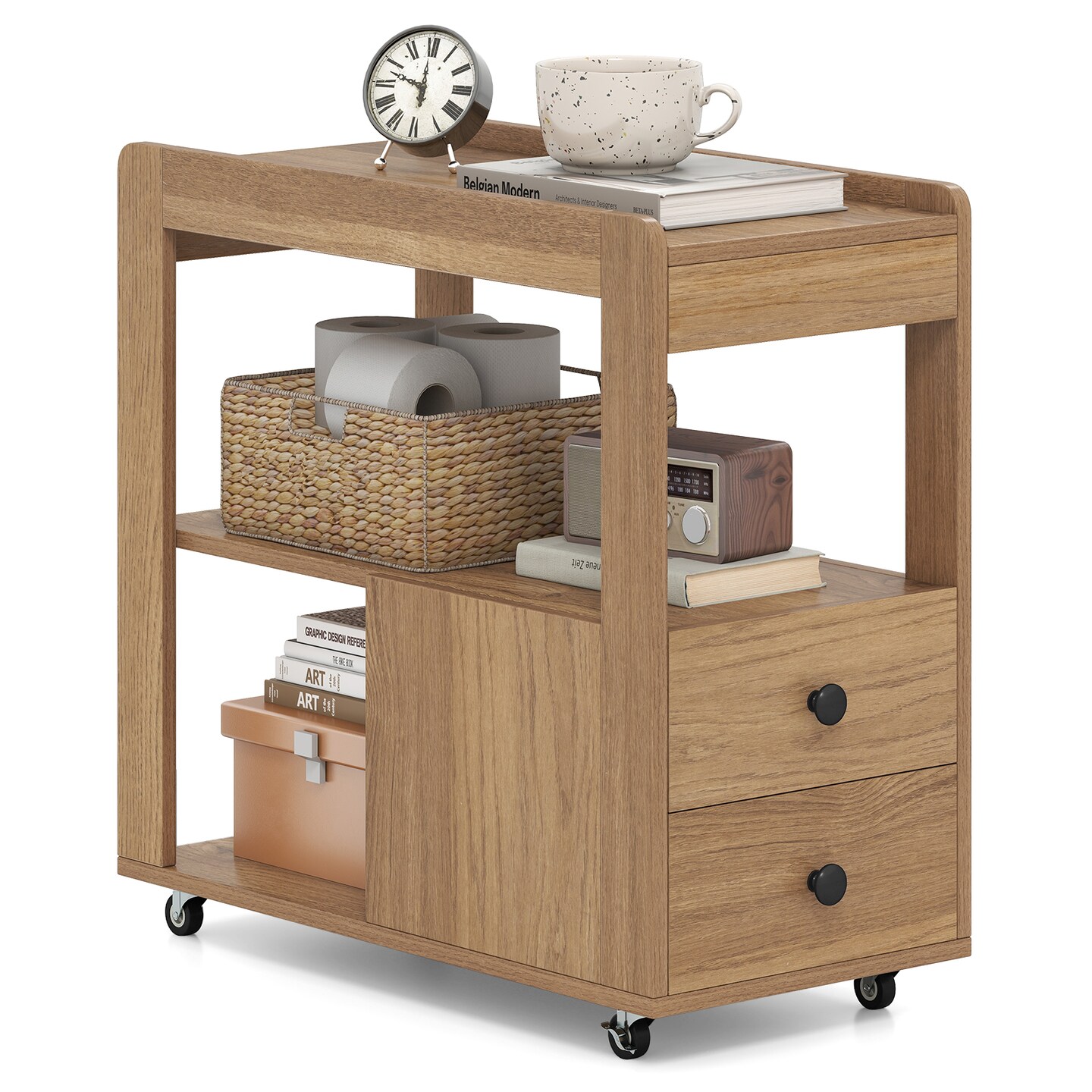 Versatile 2-Drawer Sofa Side Table with Shelves for Small Space Storage