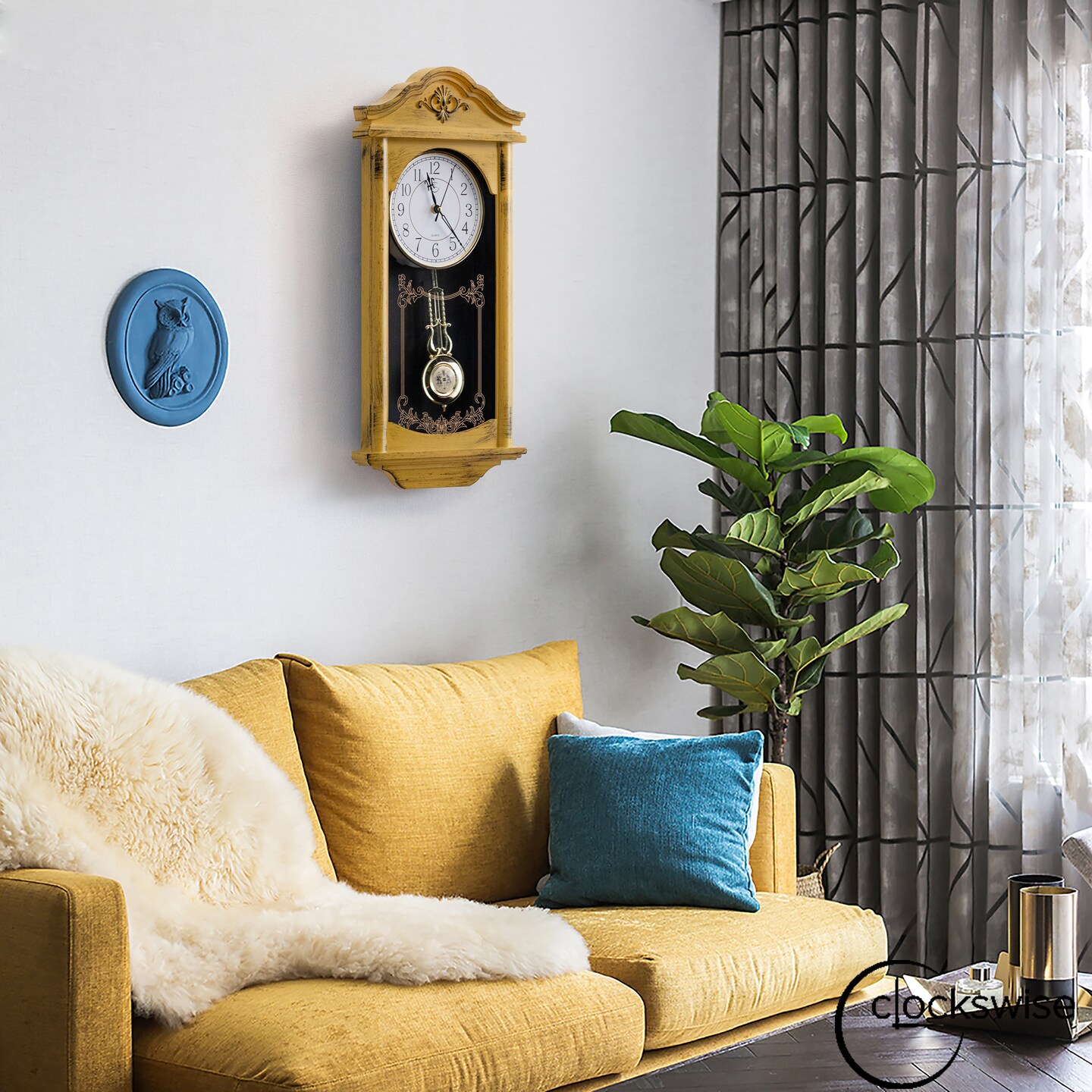 Clockswise Vintage Grandfather Wood-Looking Plastic Pendulum Decorative Battery Operated Wall Clock Brown, for Office, Home Decor, Living Room, Kitchen, or Dining Room