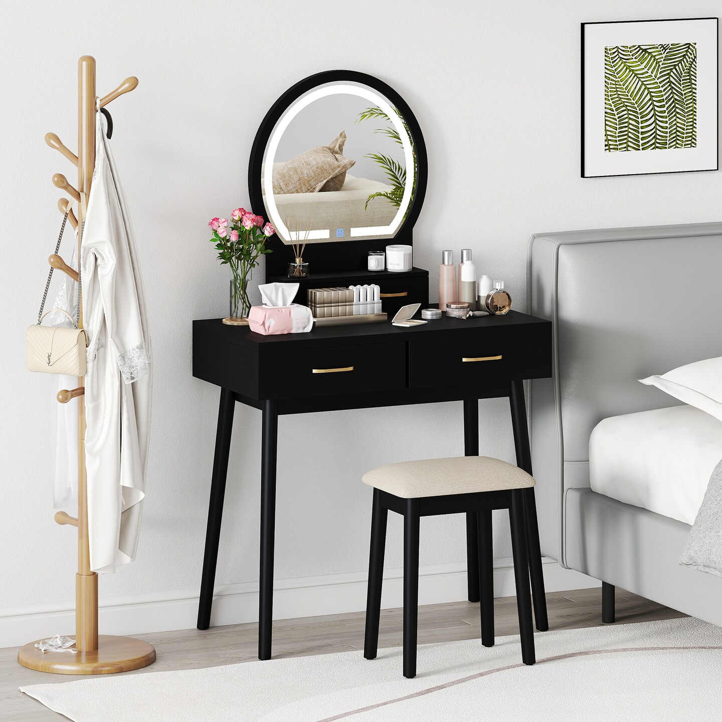 Wood MDF Vanity Table with LED Mirror, Storage Drawers and Stool