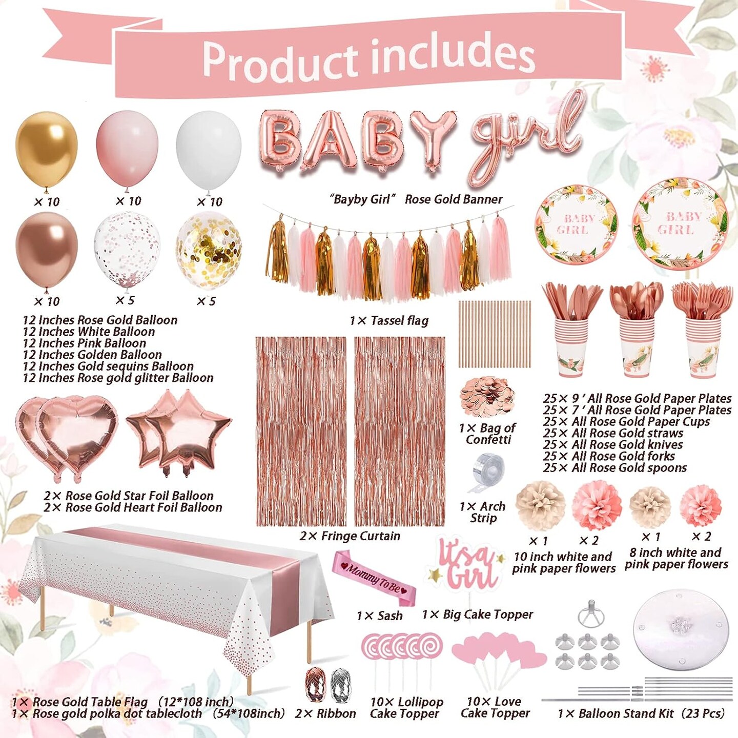 303 Pcs Baby Shower Decorations For Girl (Rosegold Baby Girl)