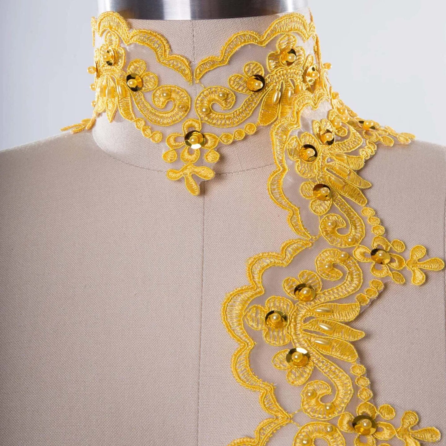 1 Yard Yellow Beaded Lace Trim 2.5" Height Boldly Glamorous with Tasteful Sequins Elegant Organza Embellishment