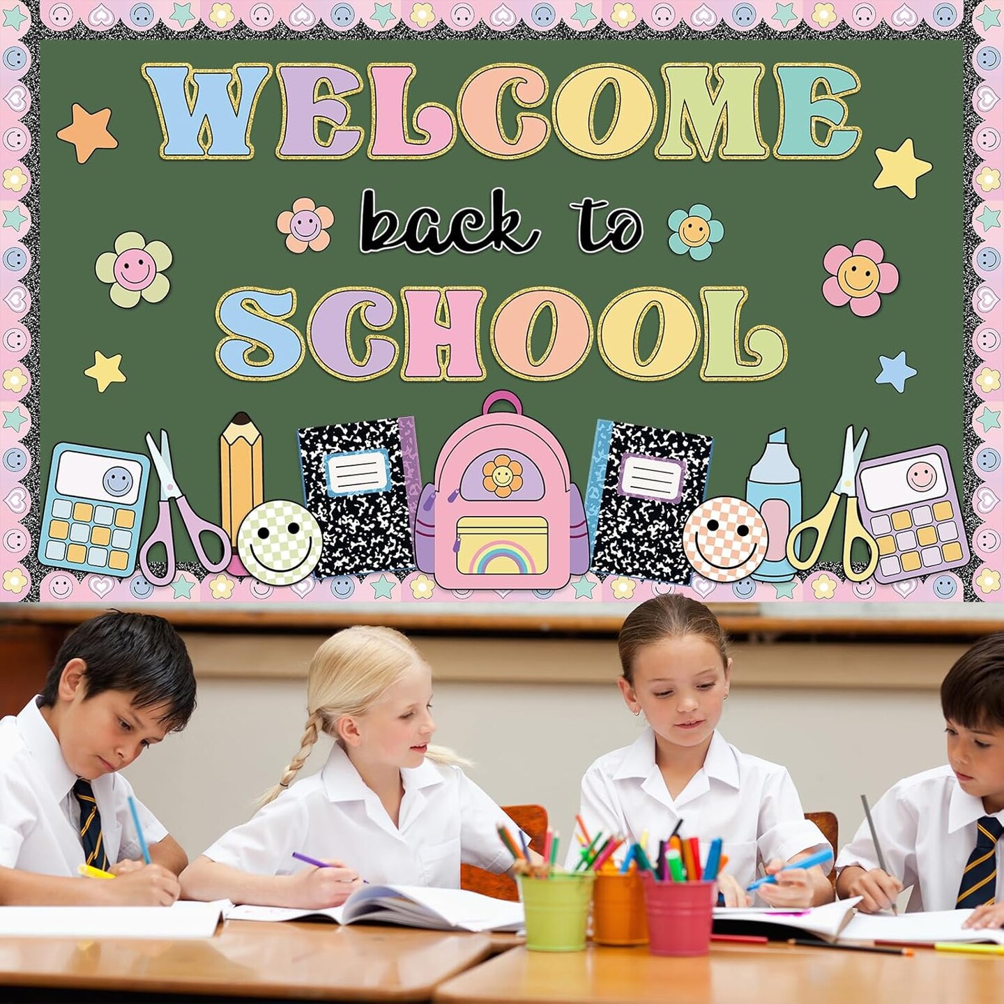 Composition Notebook Classroom Decor – Welcome Back to School Bulletin Board Set with Colorful Smile Face Paper Cutouts for Wall, Door, and Classroom