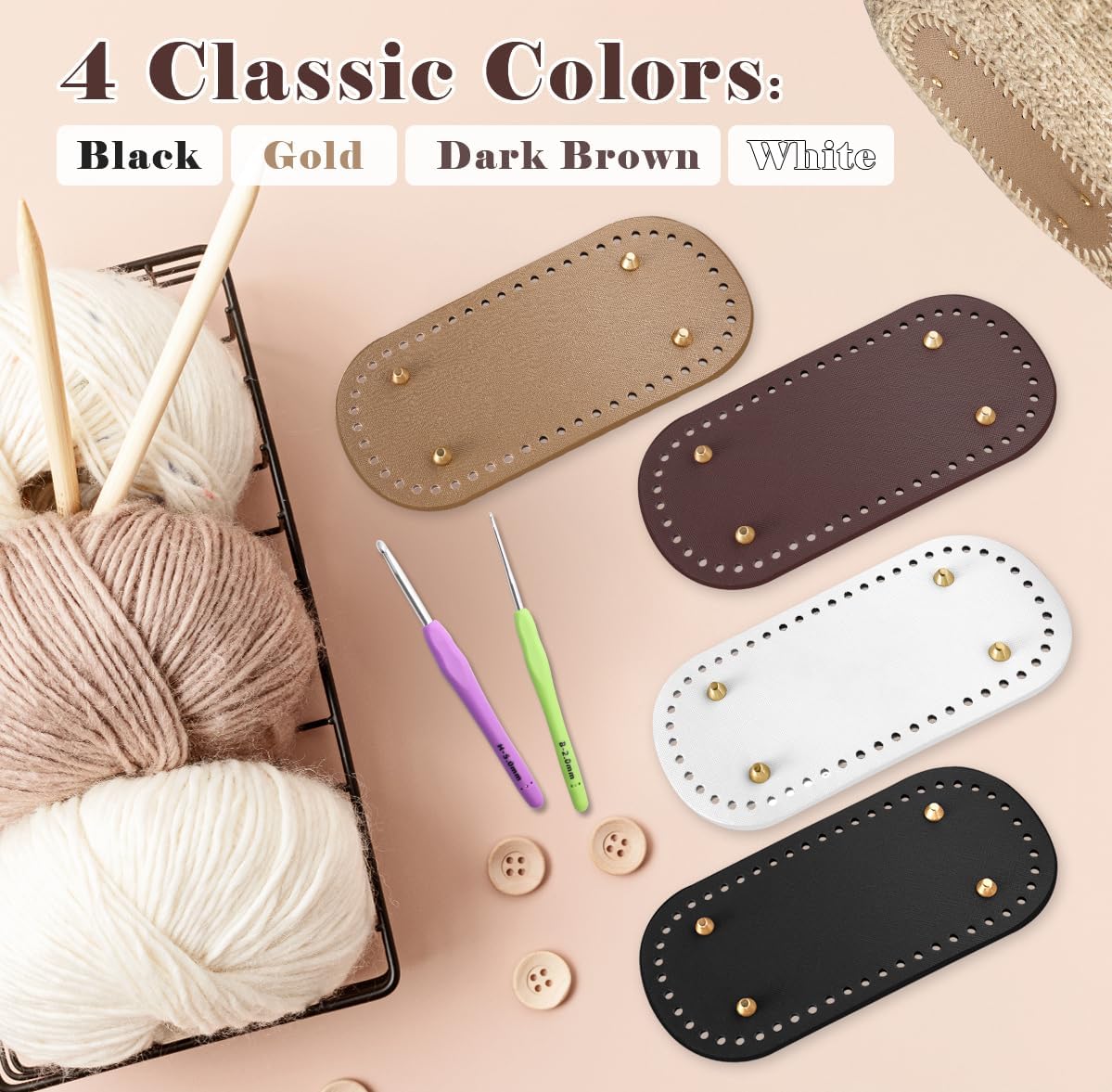 4 PCS Bag Bases for Crochet with 2 PCS Crochet Hook (Black, Dark Brown, White, Gold) 8.4 x 4 x 0.2 inches