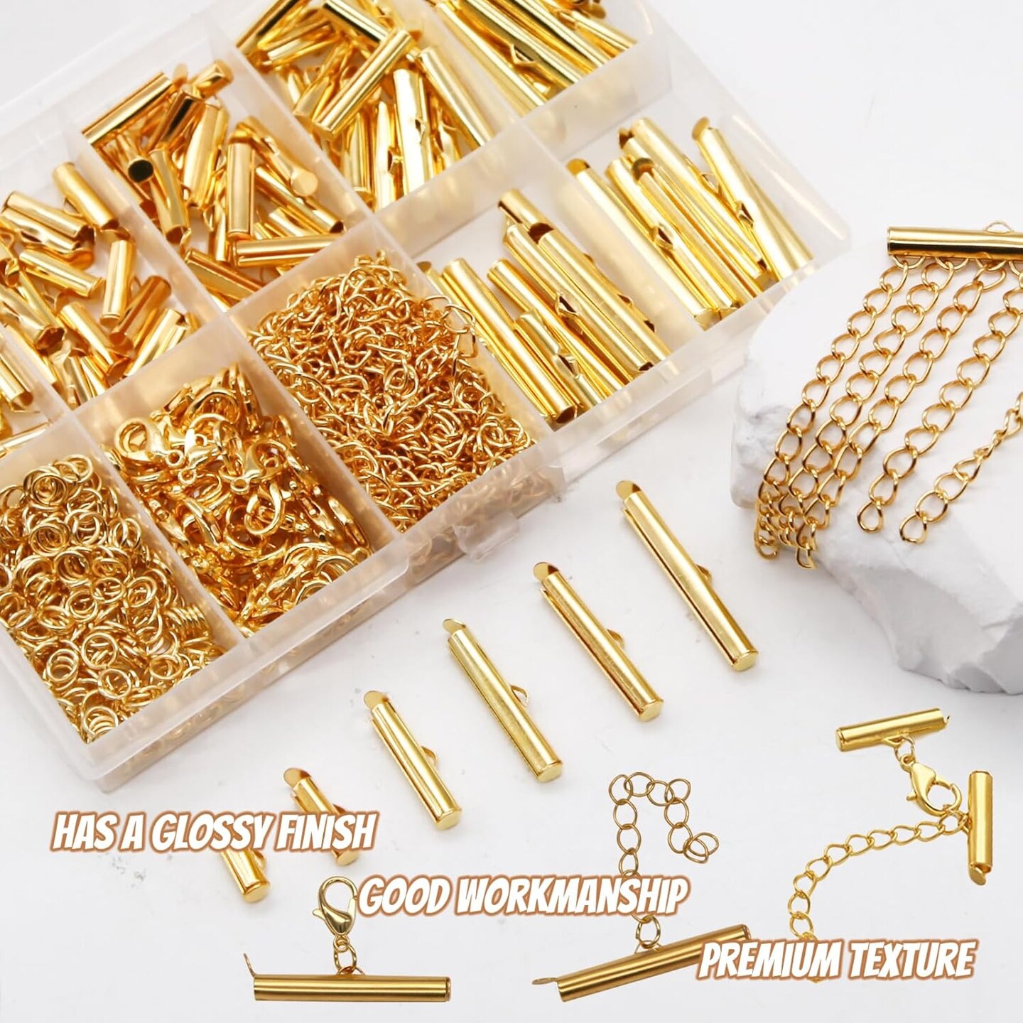 All Size Slider Clasp for Beading Slide Tube Cord for Jewelry Making (Gold)