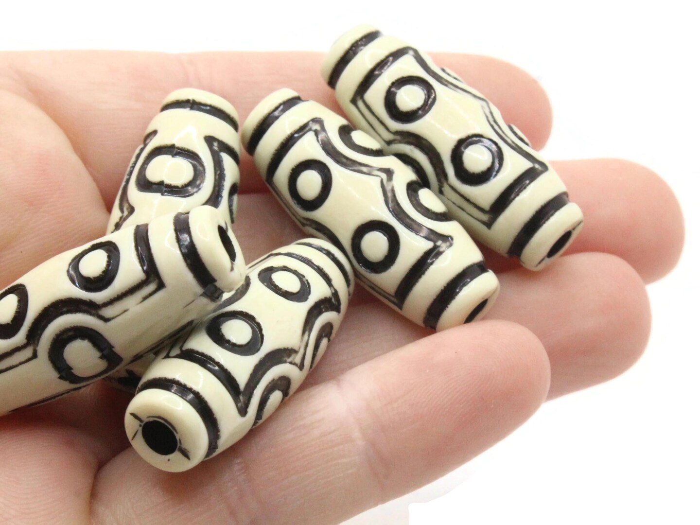 5 34mm White and Black Patterned Plastic Tube Beads