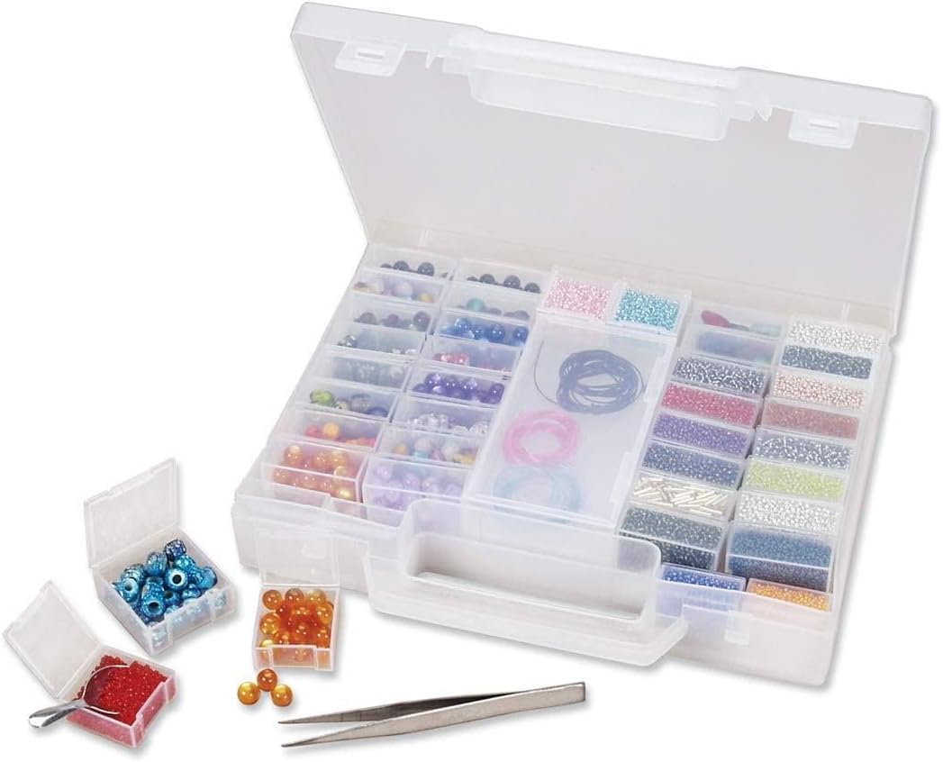 The Beadsmith Bead Organizer Carrying Case, 55 piece set, with removable compartments in assorted sizes, a carrying case, plus a bead scoop and tweezer.