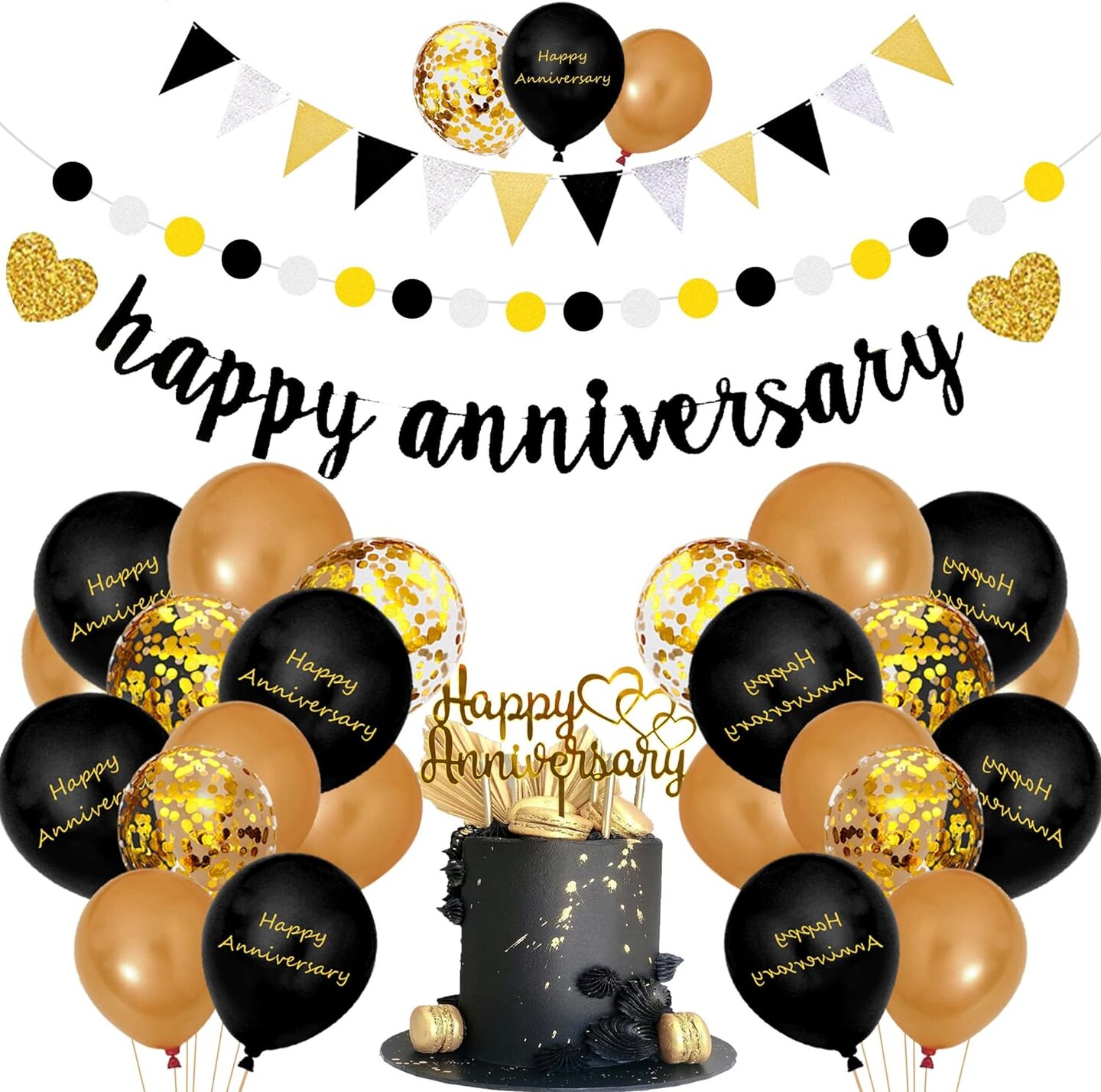 Happy Wedding Decorations – Gold & Black Banner, Cake Topper, Balloons & Hanging Decor (Gold)
