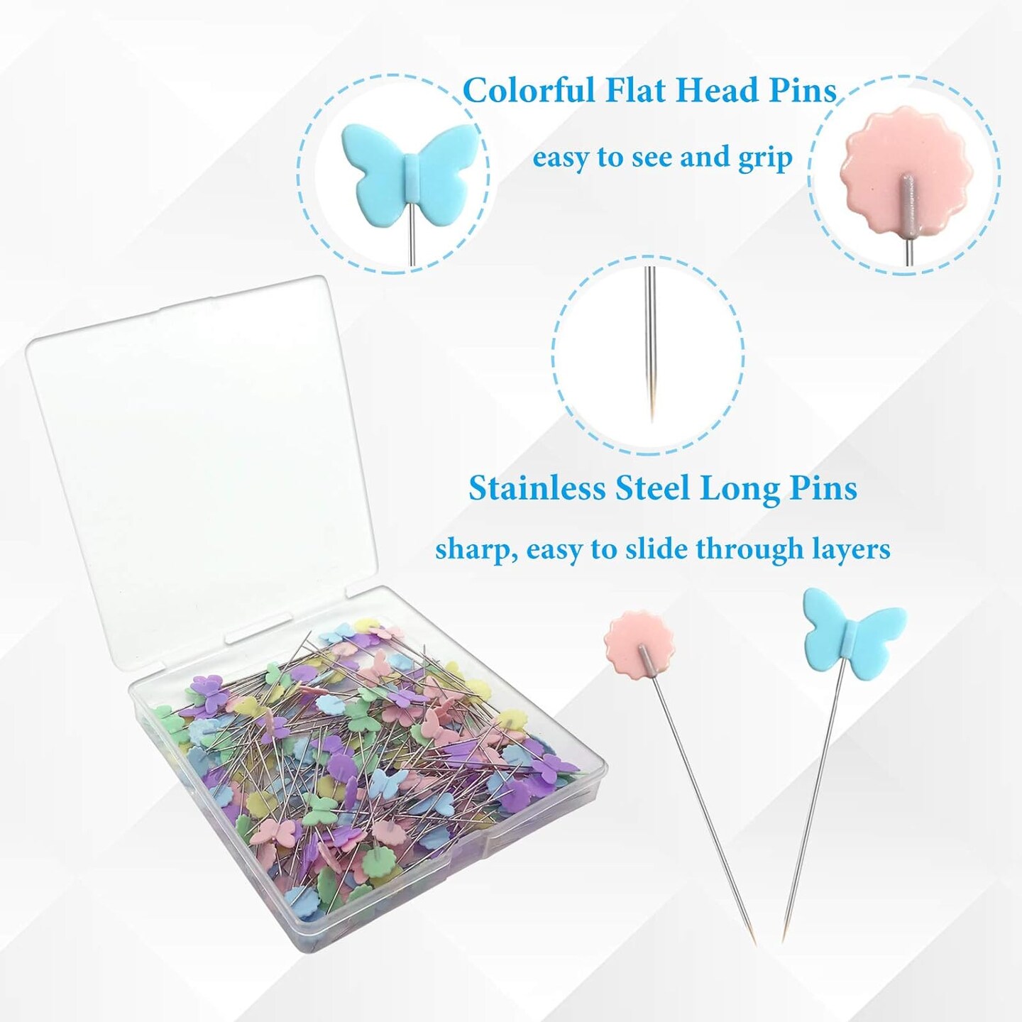 200pcs Sewing Pins Flat Head Straight Pins with Butterfly