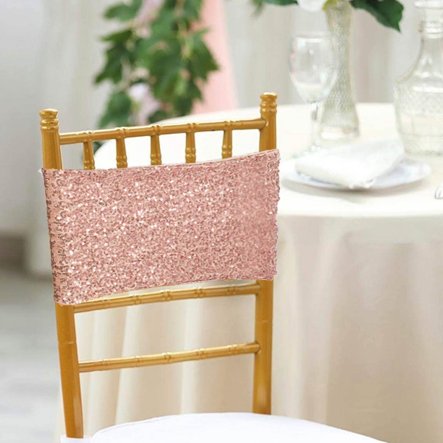 10 Pieces Elegant Blush Pink/Rose Gold Sequin Stretch Spandex Chair Bands 7 x 13 Inches