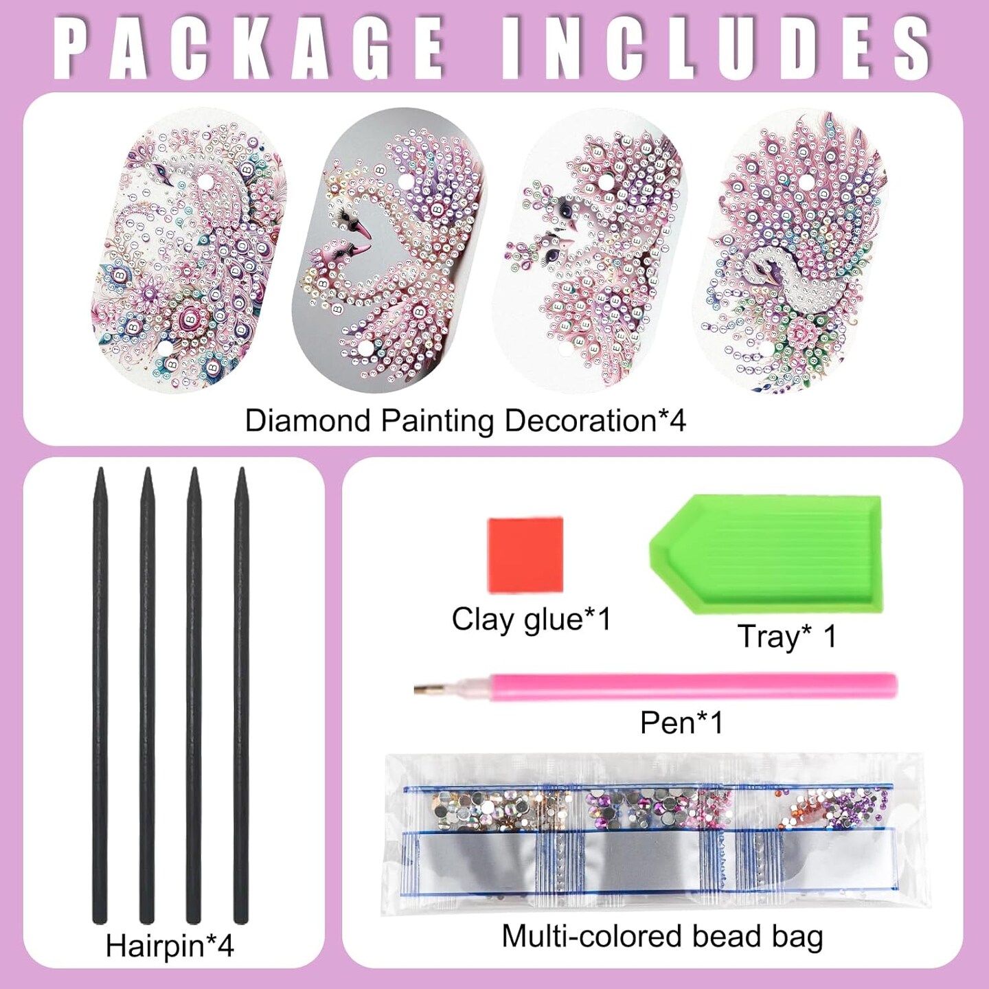 4pcs Diamond Painting Kits Round Hairpins, Special Shape Diamond Art Craft Kit, Pink Swan Pattern Handicraft, Elegant Chinese Twist Rod Wooden DIY Hair Clip with for Festivals, Daily Wear Parties