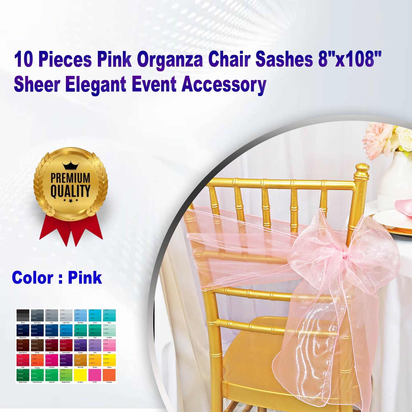 10 Pieces Pink Organza Chair Sashes 8"x108" Sheer Elegant Event Accessory
