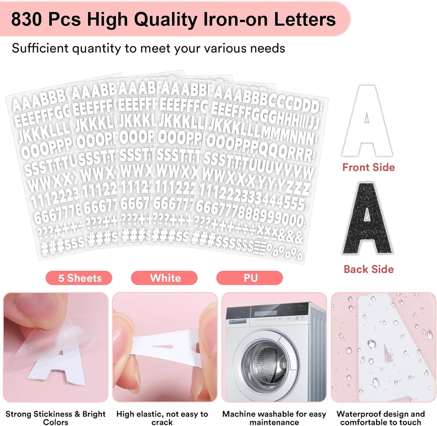 5 Sheets (830 PCS) Iron-On Letters & Numbers – 1 Inch Heat Transfer Vinyl for Clothing, DIY T-Shirt Printing, PU Alphabet Stickers A-Z & 0-9, White