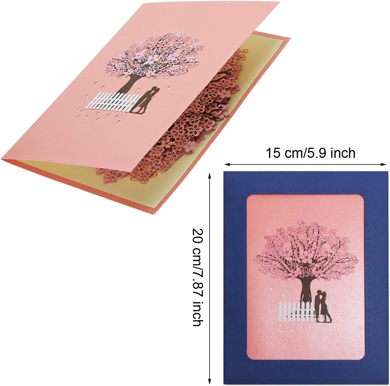 Handmade Cherry Blossom Card Pop Up 3D Flower Card Romantic Love Letter Greeting Anniversary Wedding Valentine Birthday Gift Card Blank Stationery Paper Card for Her Him Husband Wife