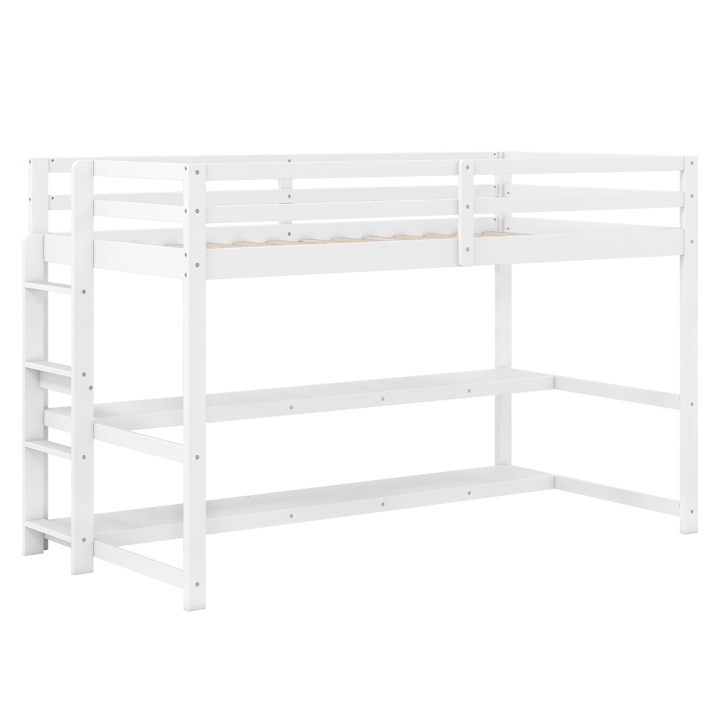 Space-Saving White Twin Loft Bed with Storage Shelves Sturdy Wood Frame and Safety Guardrails for Kids and Teens