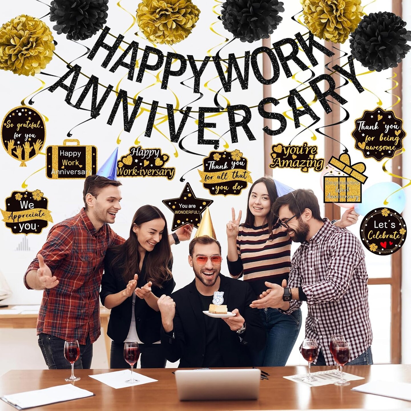 Happy Work Anniversary Decorations Black Gold, Happy Anniversary Banner