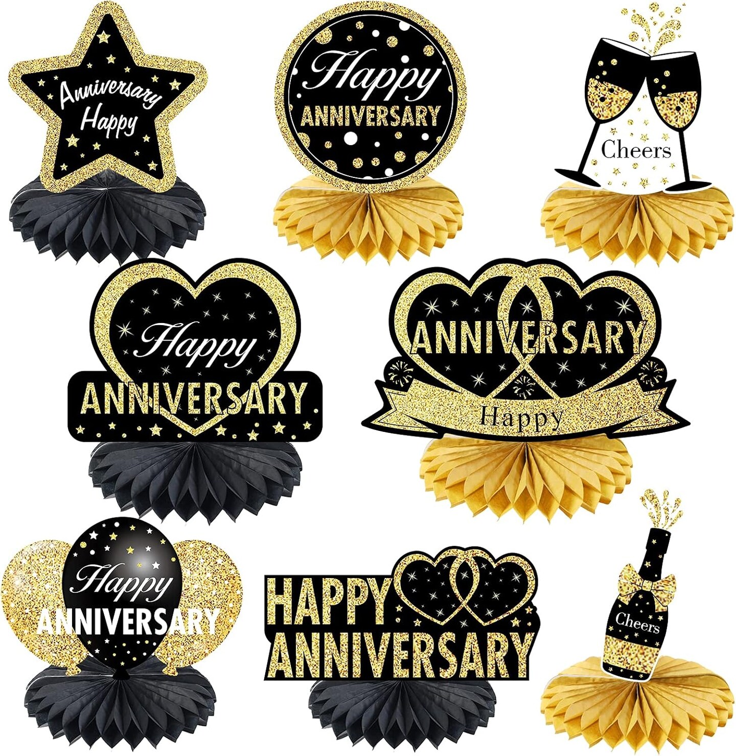 8pcs Happy Anniversary Honeycomb Table Centerpiece (Black, Gold)