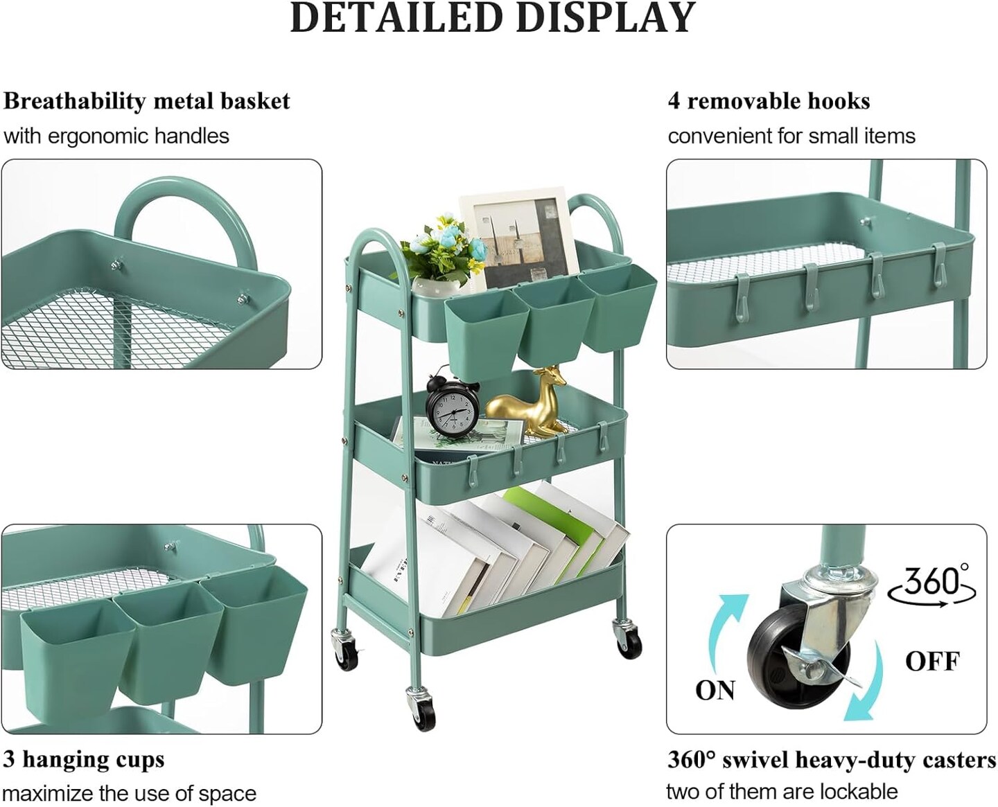 3-Tier Rolling Cart - Green
